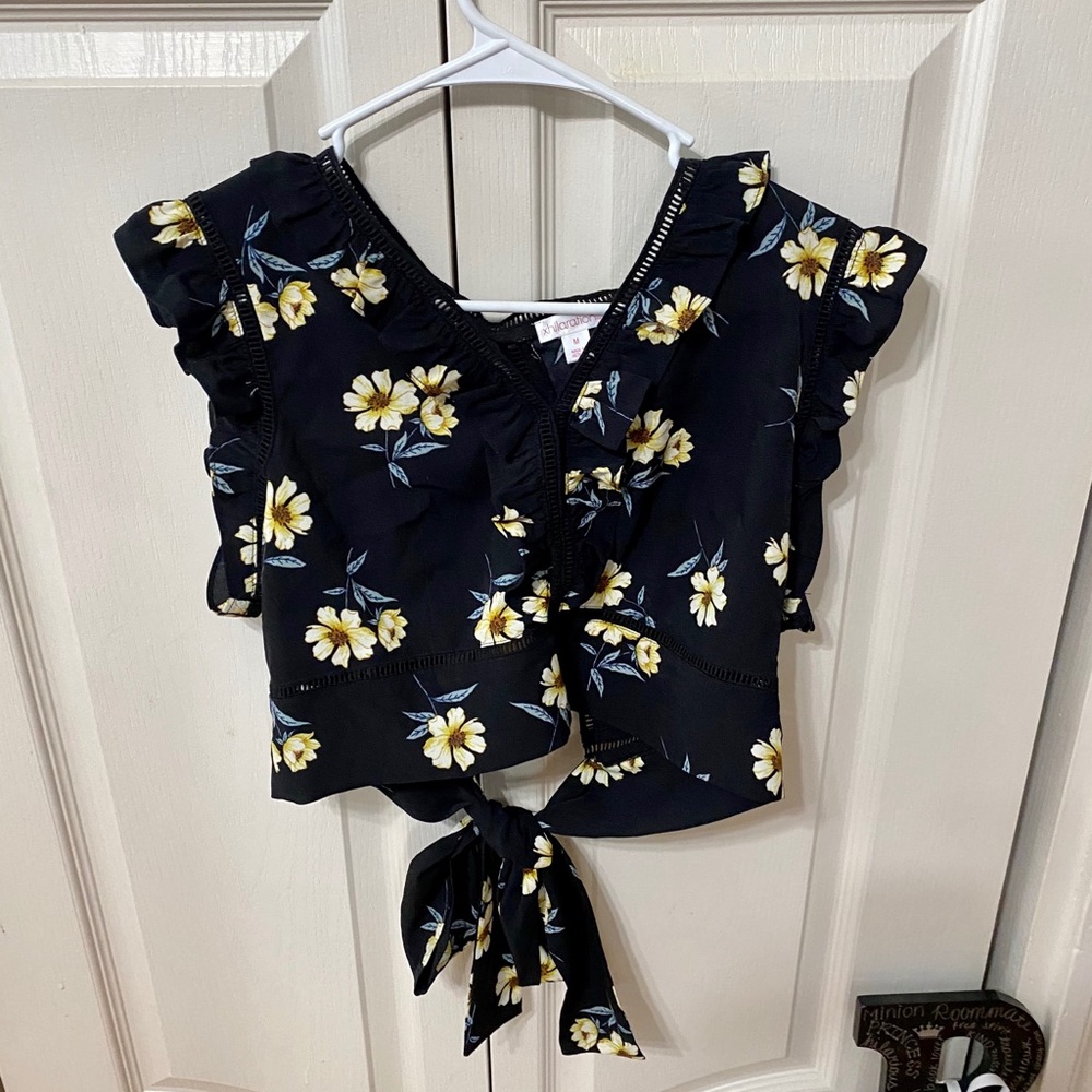 Flowered Crop Top with Tied Open Back